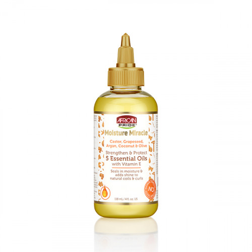 African Pride Moisture Miracle Casteer, Grapeseed, Argan, Coconut&Olive Strengthen & Protect % Essential Oils with Vitamin E 4oz African Pride Moisture Miracle Casteer, Grapeseed, Argan, Coconut&Olive Strengthen & Protect % Essential Oils with Vitamin E 4oz